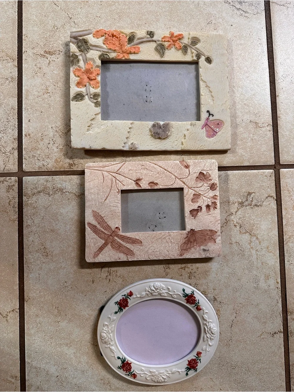 Decorative Floral and Dragonfly Photo Frame Set - Cream, Peach & Lavender